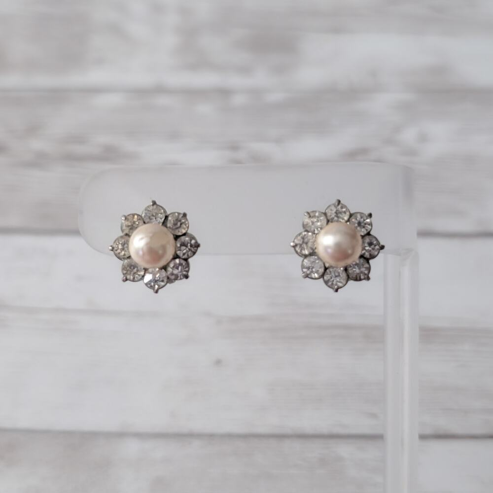 Vintage Screw On Earrings Flower Shape Faux Pearl Clear Gem - Tarnished/Chipped